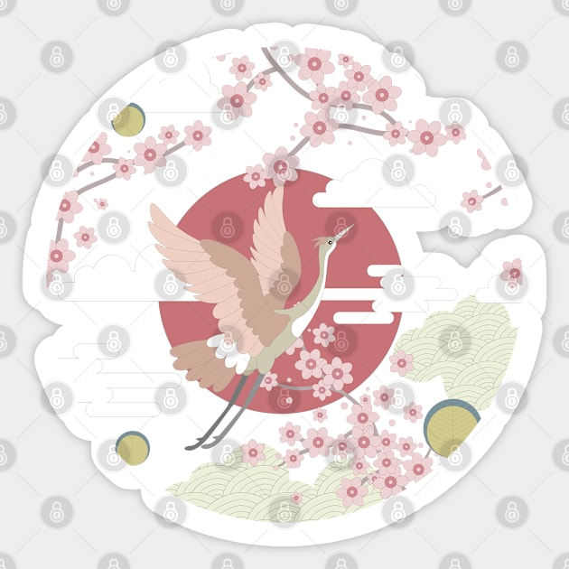 Crane birds and cherry blossom, abstact japanese style print Sticker by KINKDesign